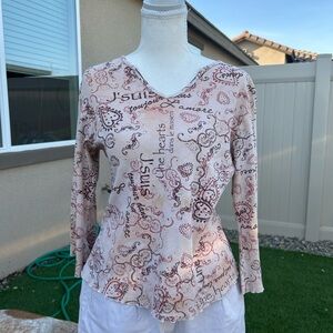 Women's V-Neck Printed Top - Cream and Brown